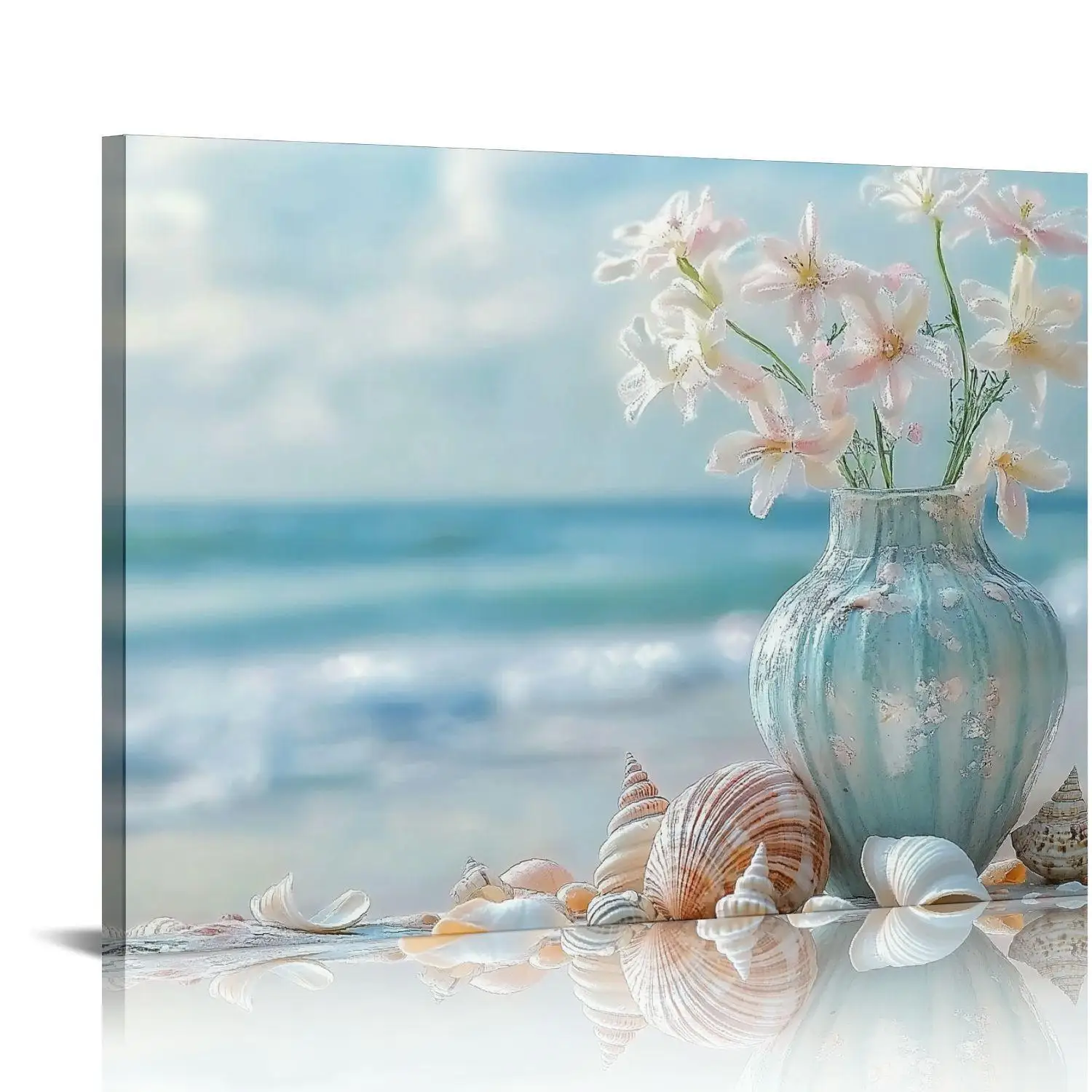 1PC Coastal Happiness Canvas - Beach Scene with Flowers Starfish and Seashells for Living Room and Bedroom Wall Decoration