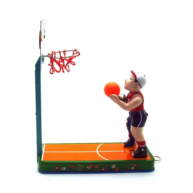 [Fun] Adult Collection Retro Wind up toy Metal Tin Basketball player shooting basketball stand Clockwork toy figures model gift