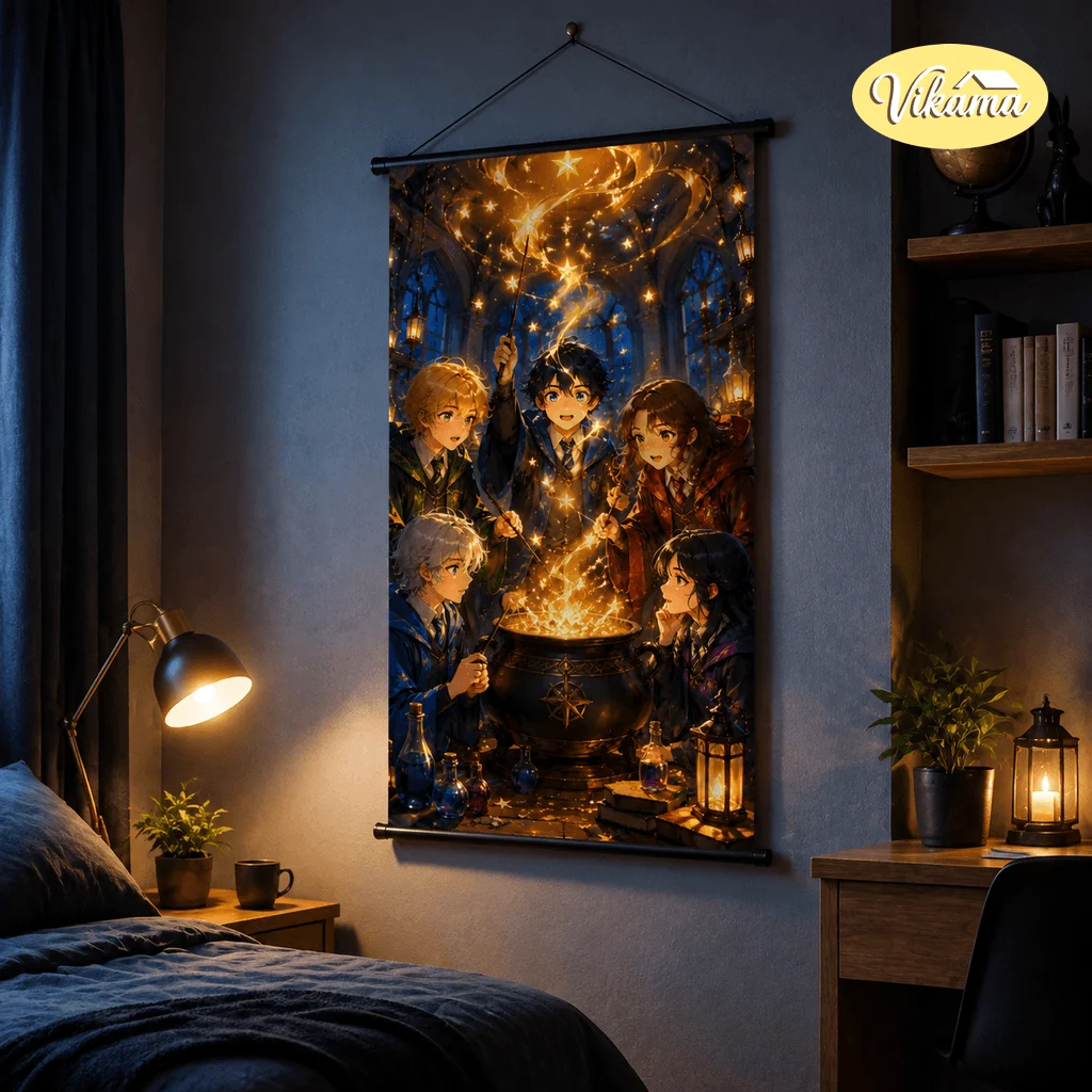 VIKAMA Magical Anime Girl Tapestry Wall Hanging Starry Library Magic Book Fantasy Wall Art Decor for Bedroom Living Room
