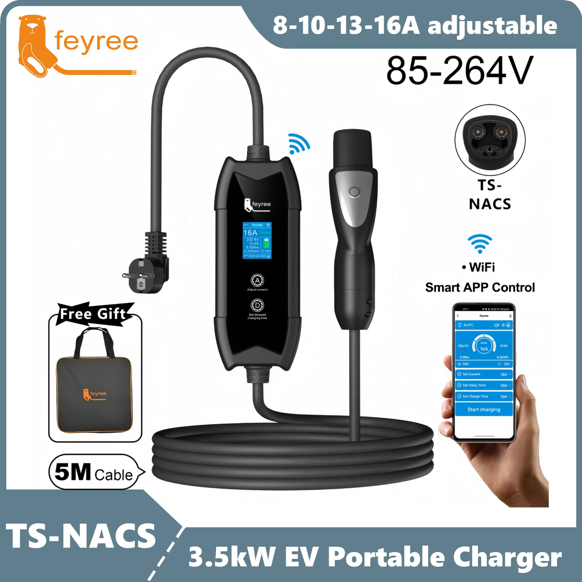 Feyree Cargador EV portátil 3.5KW 16A con control de aplicaciones, enchufe TS-NACS para Tesla Model 3/Y/S/X – Temporizador de carga y retardo ajustables