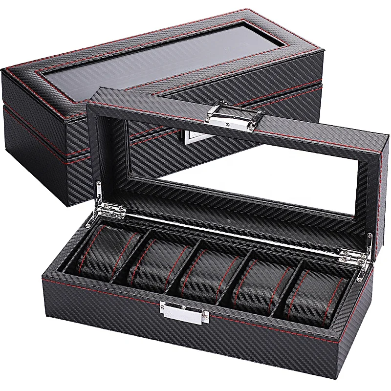 DELESYS 3/5/6/10/12 Slots Scratch-Proof Carbon Fiber Leather Watch Box Carbonaceous Color Watch Storage Case With Clear Glass