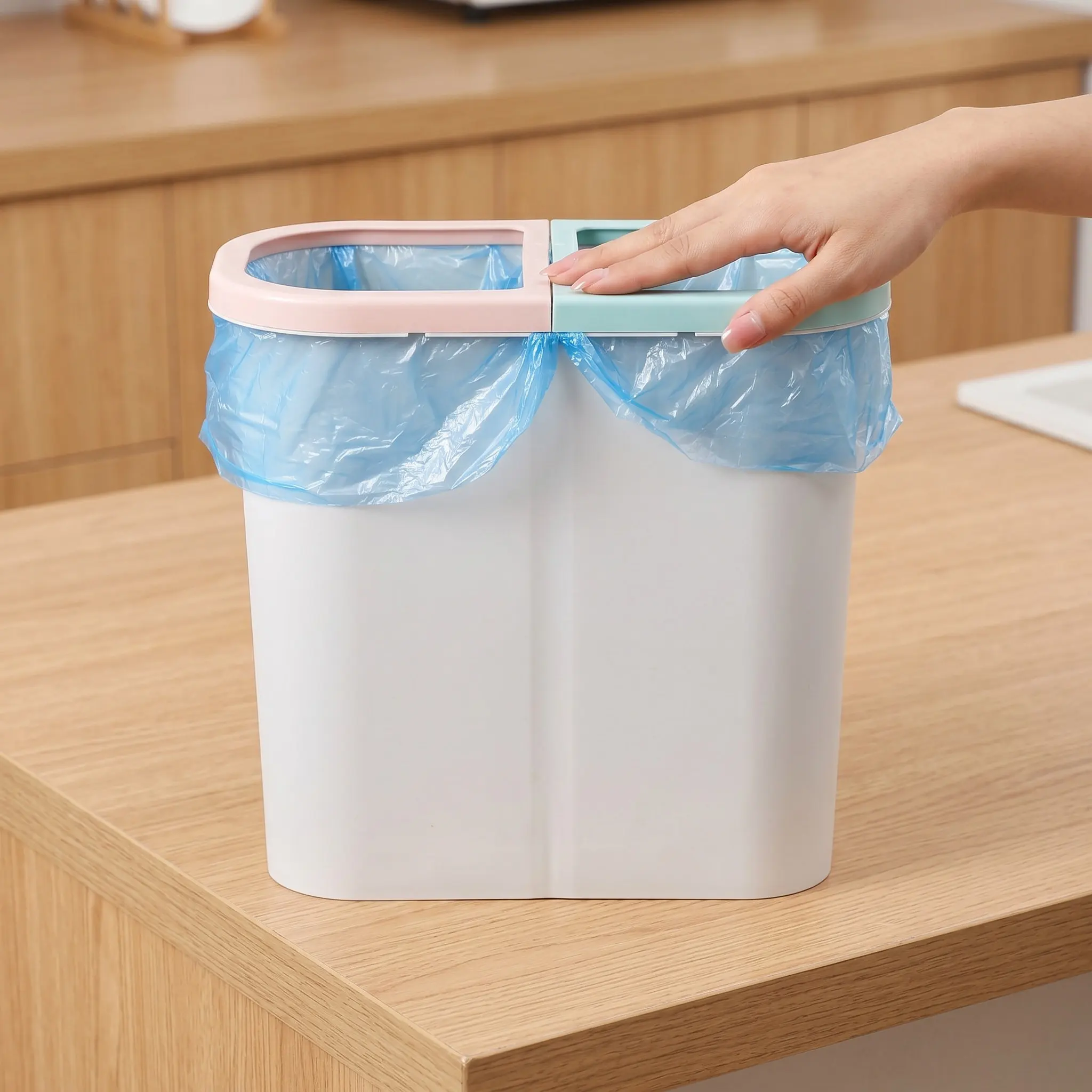 Double Compartment Kitchen Trash Can Dry Wet Classified Garbage Bin Plastic Waste Container Space Saving Office Home