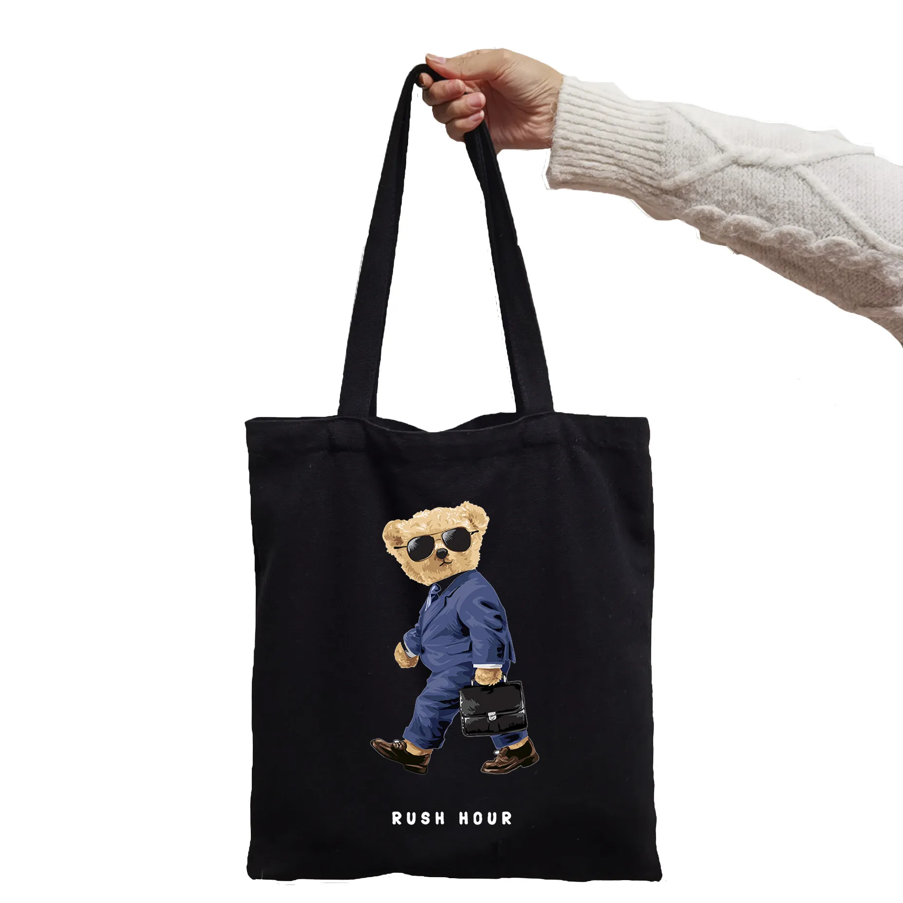 Torba na zakupy Good Students Bear Rush Hour Bear Print Cool Shopper Bag Shopper Black White Women Fashion torby na ramię Tote bag