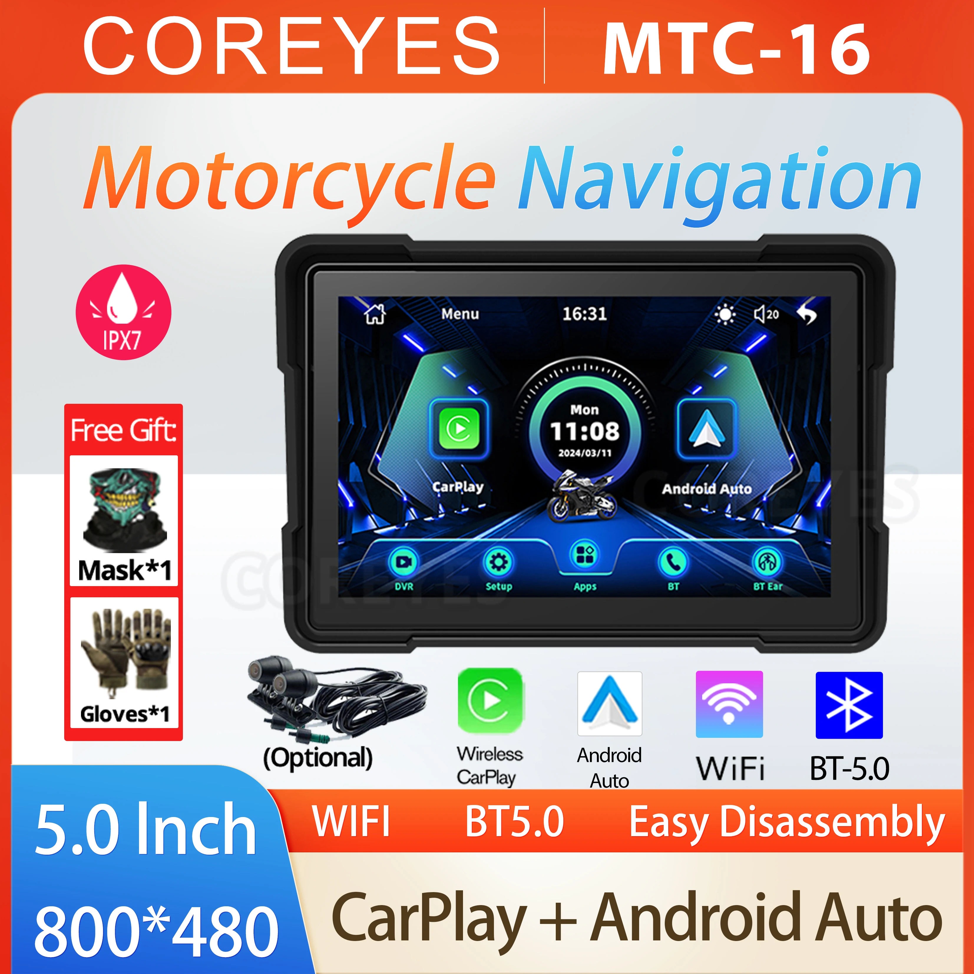 

COREYES Motorcycle Navigation MTC-16 DVR Waterproof Screen Wireless Carplay Android Auto BT Multifunctional Monitor