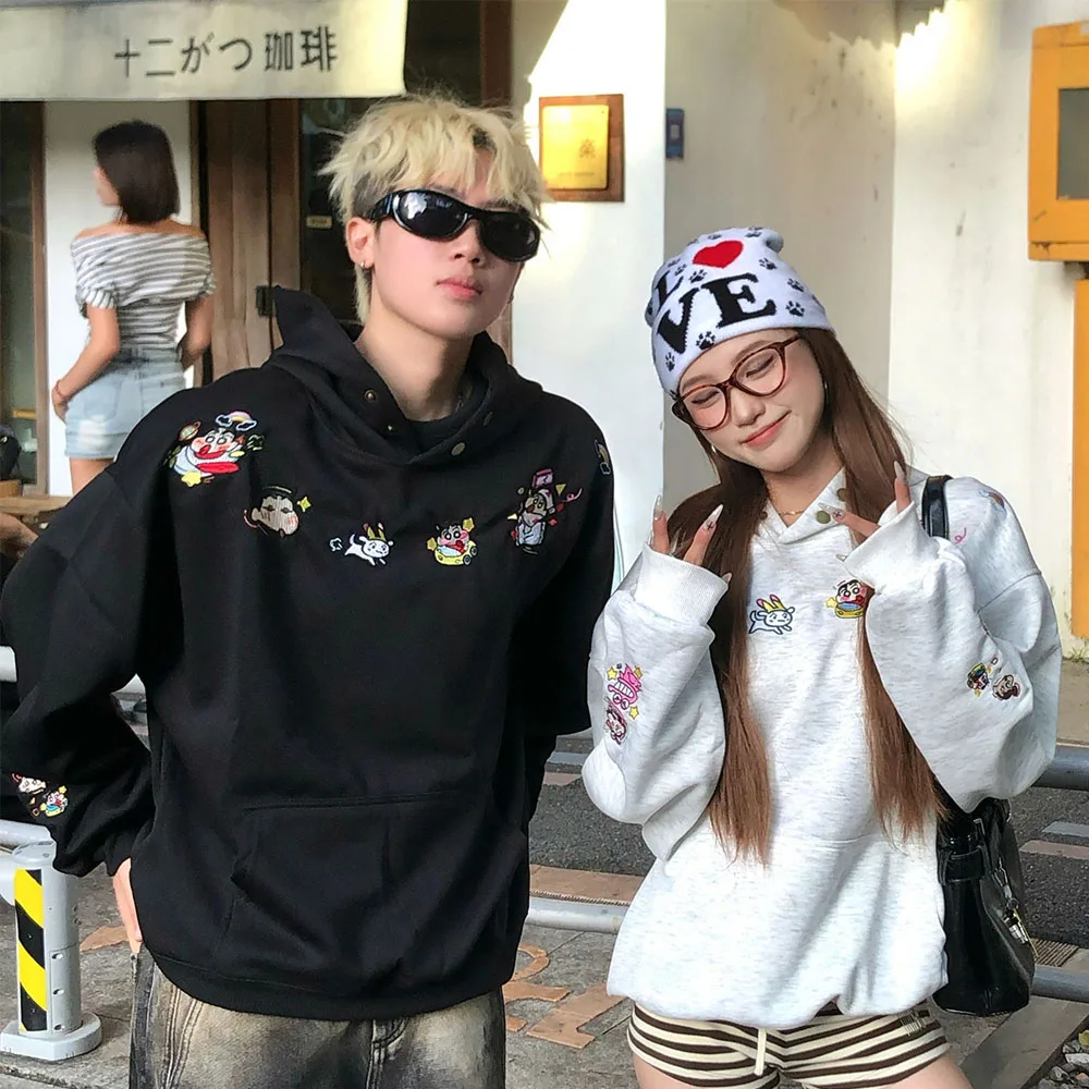 Cute Crayon Shinchan Anime Graphic Hooded Sweatshirt Oversized Long Sleeve Pocket Hoodie Hip Hop Couple Matching Streetwear Tops