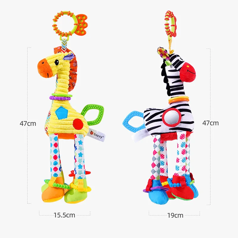Jouet suspendu en peluche girafe/zèbre pour bébé - Jouet d'activité pour siège auto et poussette avec hochets et anneaux de dentition, jouet sensoriel pour nouveau-nés
