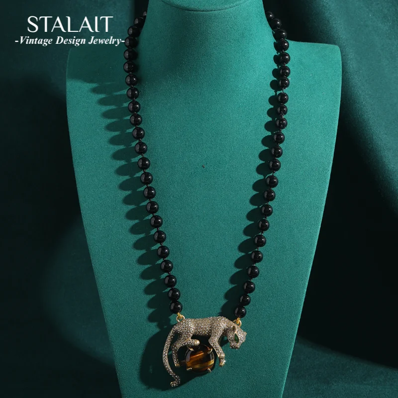 

Ретро тигровый глаз леопардовый кулон ожерелье бусины натуральный камень античное золото цвет женщина винтажные роскошные дизайнерские украшения 2025