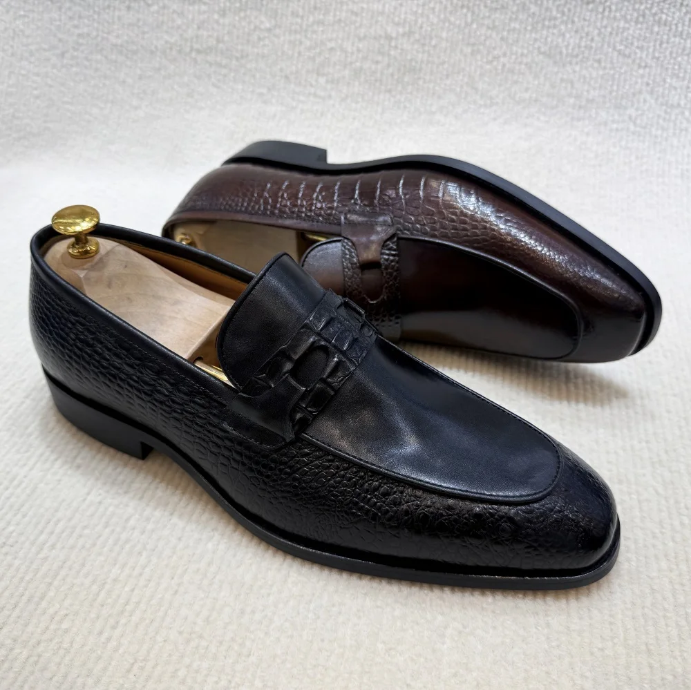 Luxury Men\'s Genuine Leather Dress Shoes Crocodile Print Wedding Loafers Double Buckle Business Office Formal Slip-On Shoes