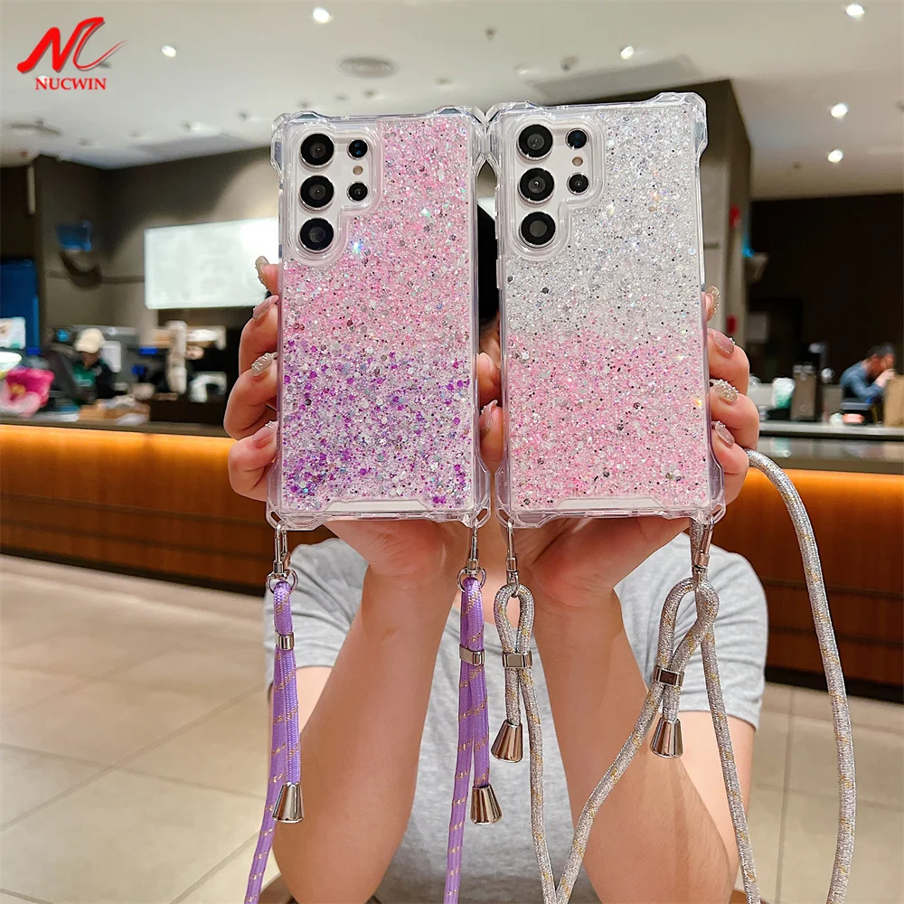 Glitter Long Lanyard Airbag Case For Samsung Galaxy S24 S22 S23 Ultra Plus A15 A34 A54 A14 A55 A53 Gradient Crossbody Back Cover