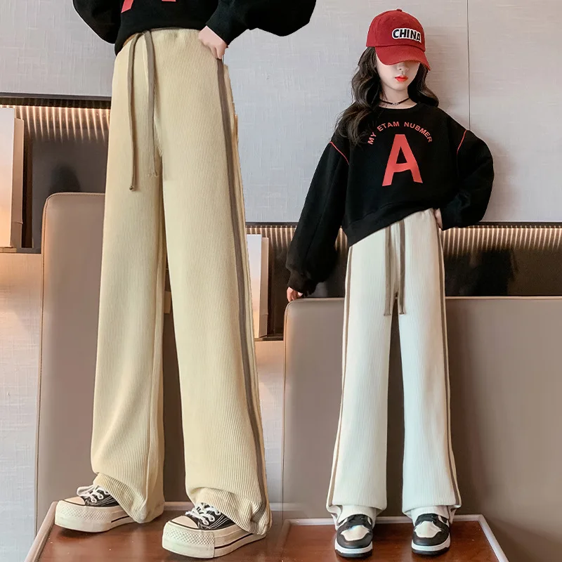 

New Autumn Teenage Girls Clothing Cotton Wide-leg Trousers for Big Kids Children Pure Color Elastic Waist Sweatpants 4-16 Years