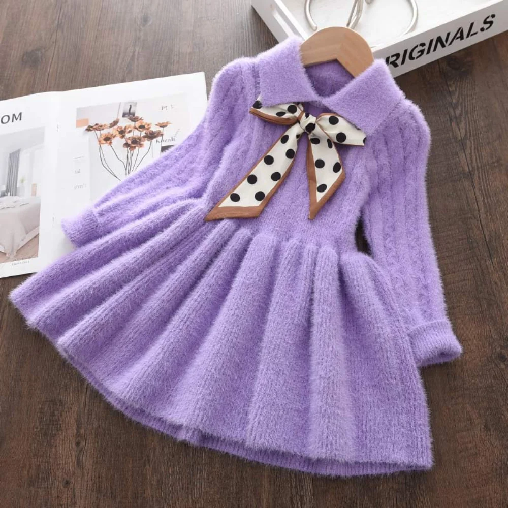 Bear Leader Children\'s Clothing Winter Thick Collar Sweater Dress Spotted Bow Collar Pleated Knit Dress Elegant Girls Clothes