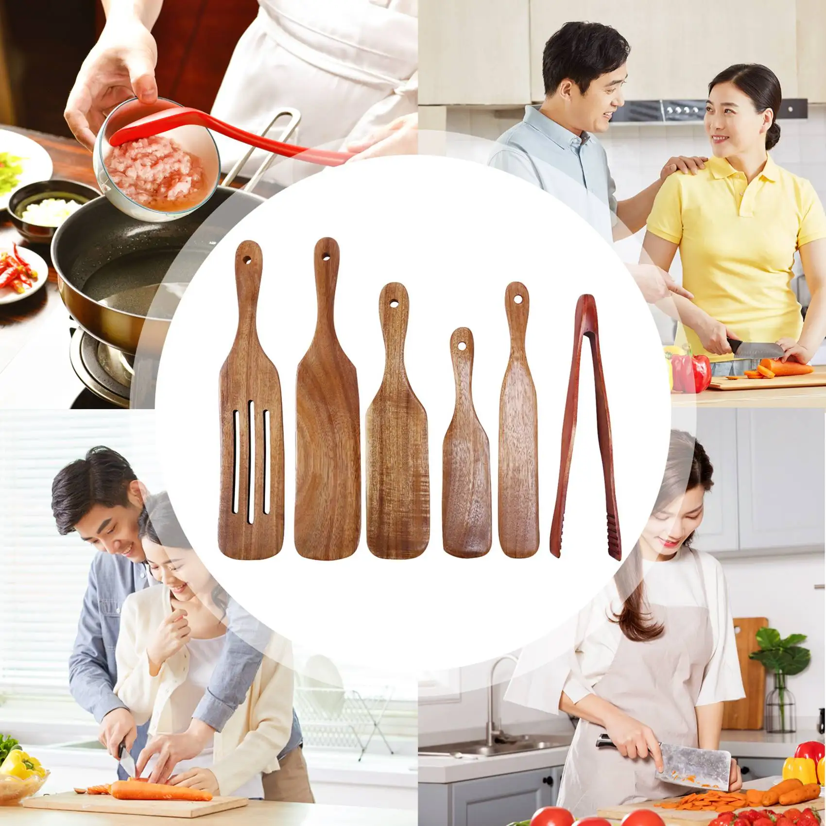 AS94-6 Pcs Wooden Spurtle Set, Teak Spurtle Set Heat Resistant Wooden Spatula Cooking Utensils Set Non-Stick Wooden Spoons