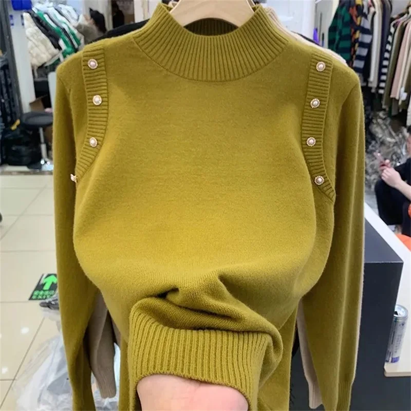 

Chic Sweater Women New Spring Half Turtleneck Pullover Loose Thick Knitted Jumper 2023 Female Solid Wild Soft Sweater And Tops