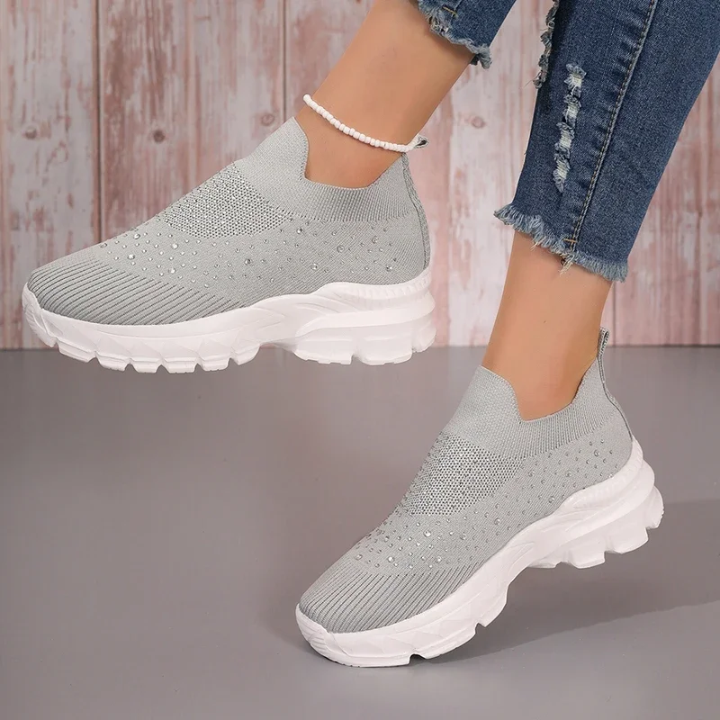 Shiny Crystal Knitted Breathable Sneakers Women 2023 Autumn Platform Running Sport Shoes Woman Plus Size 43 Slip On Casual Shoes