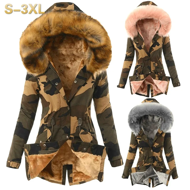Autumn Winter New Women Cotton Clothes Fur Collar Drawstring Camouflage Jacket Warm Female Cotton-padded Clothes
