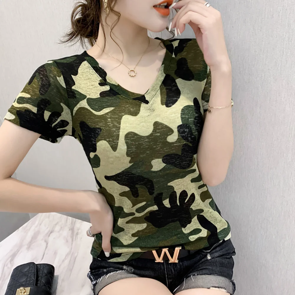 #5542 Casual Camouflage T Shirt Women Short Sleeves Slim Cotton V Neck Tee Shirt Femme Basic T-shirt Female Korean Style Summer