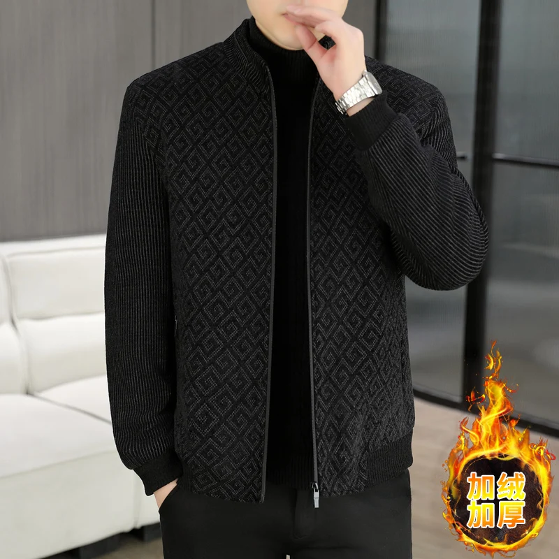 Luxury Autumn Winter Woolen Jacket for Men Fashion Casual Stand Up Collar Plush Thick Coat Zipper Social Windproof Overcoat 2025