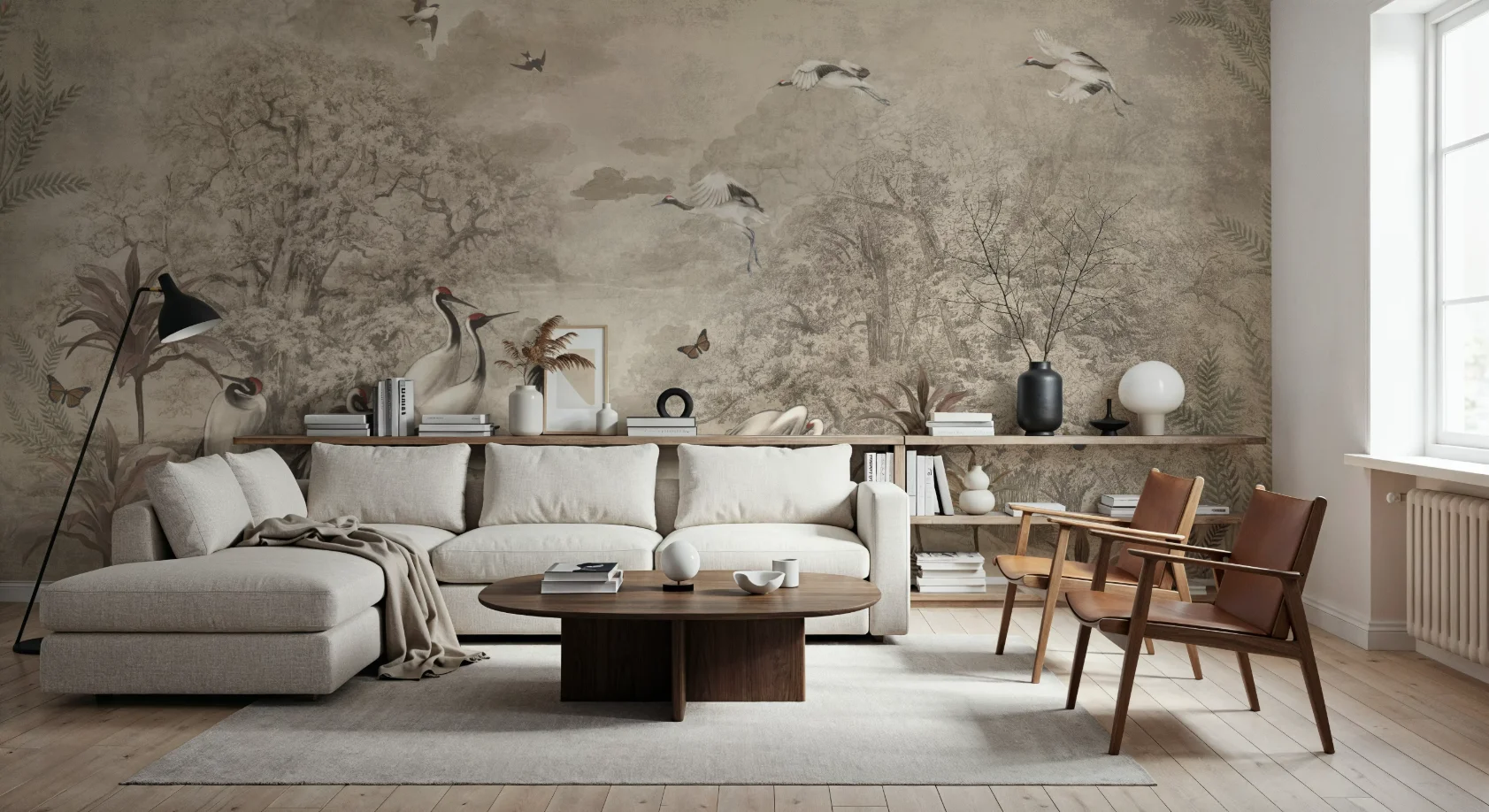 Customized Size Mural Egret Crane Swamp Reed Wallpaper Beige Khaki, Brown, Green Dreamy Living Room Bedroom Wallpaper Decoration