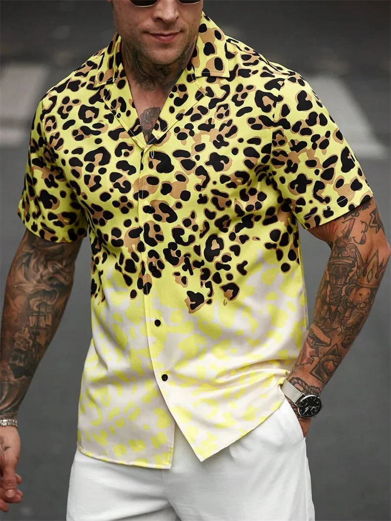 

Men's Simple Natural 3D Printed Line Lapel Button Short Sleeve Shirt Slim-fit Hawaiian Beach Casual Outdoor Top