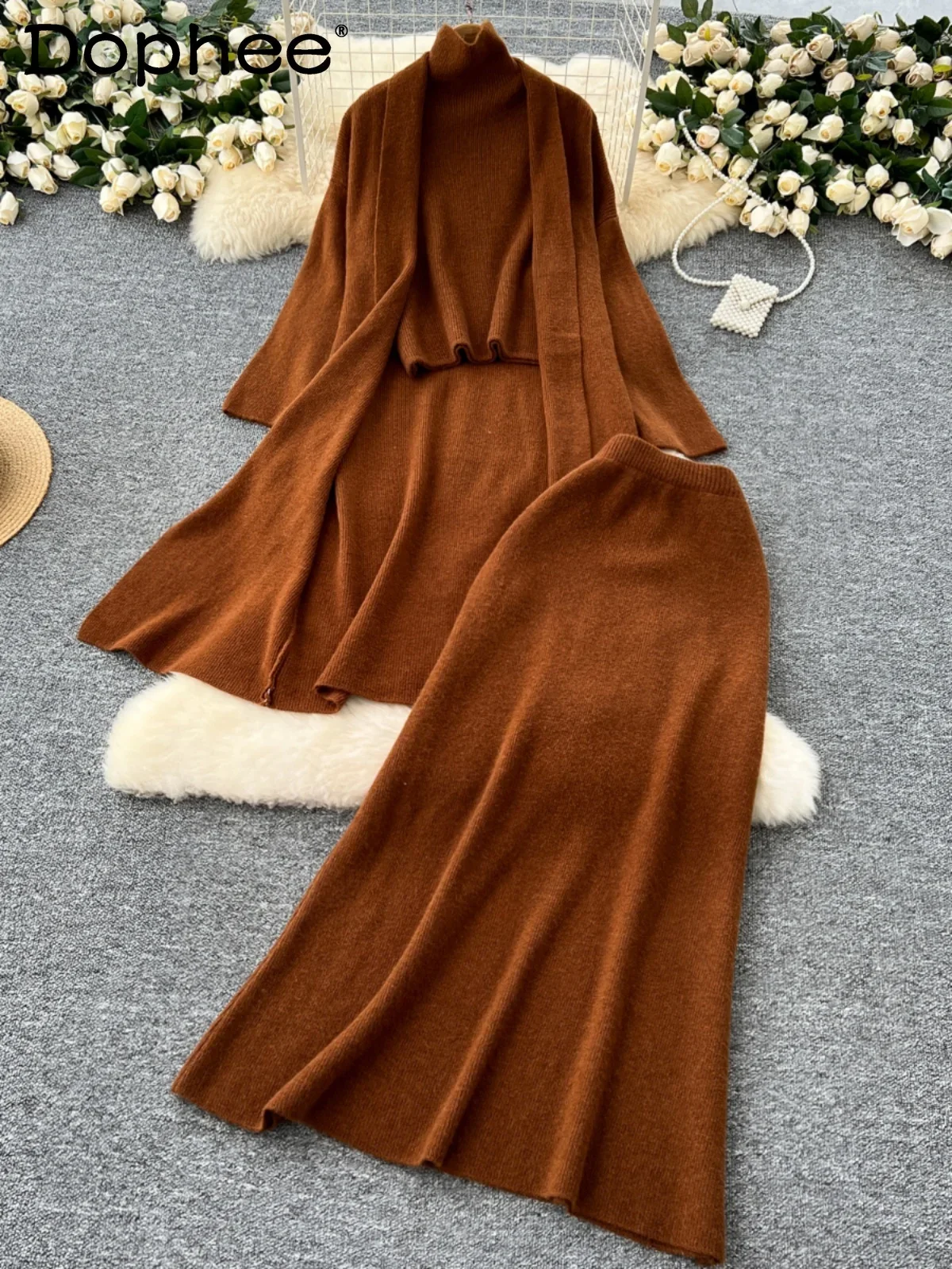 Autumn Winter Simple Solid Color Knitted Suit Women Semi-turtleneck Sleeveless Vest + Mid Length Cardigan + High Waist Skirt