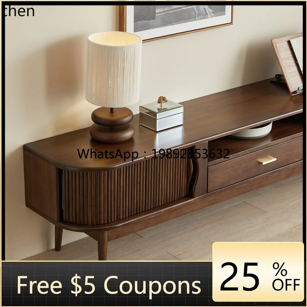 

Black Walnut Color Solid Wood TV Cabinet Living Room Tea Table Combination Storage Locker