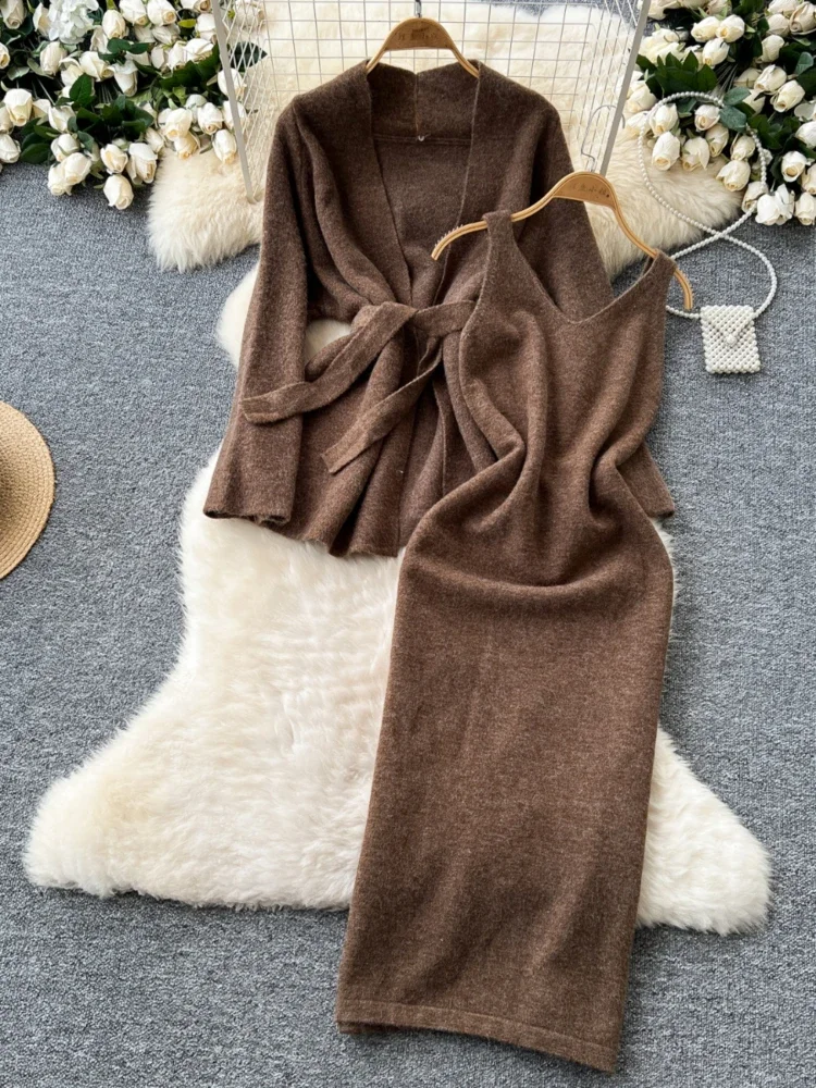 Women Elegant Sweater Two Piece Sets Autumn Winter Sleeveless Knitted Dress+long Sleeved Loose Long Sweater Vintage Suits