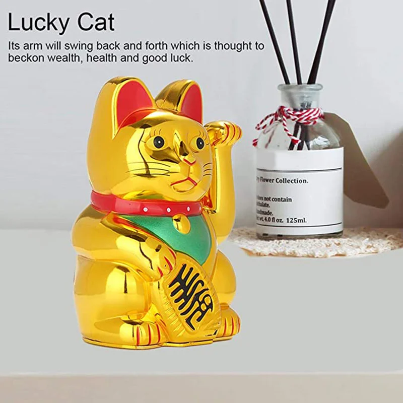 Maneki Neko Lucky Fortune Cat Japanese Lucky Cat with Waving Arm Gold Battery Operated Home Office Ornament Deoration