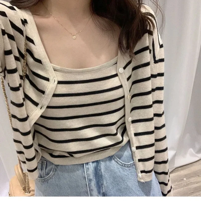 2024 Spring/Summer Striped Knitted Cardigan Camisole Vest Two Piece Set Women\'s Clothing Trendy Style Classic All-match Tops