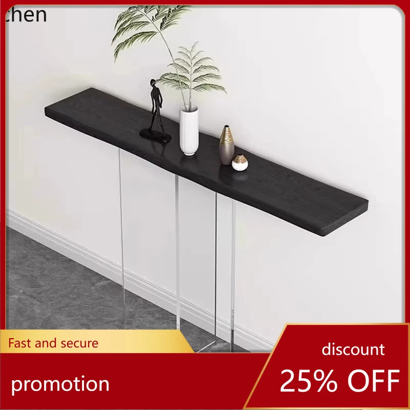 

HT acrylic against the wall narrow natural edge log facing the door cabinet simple modern art