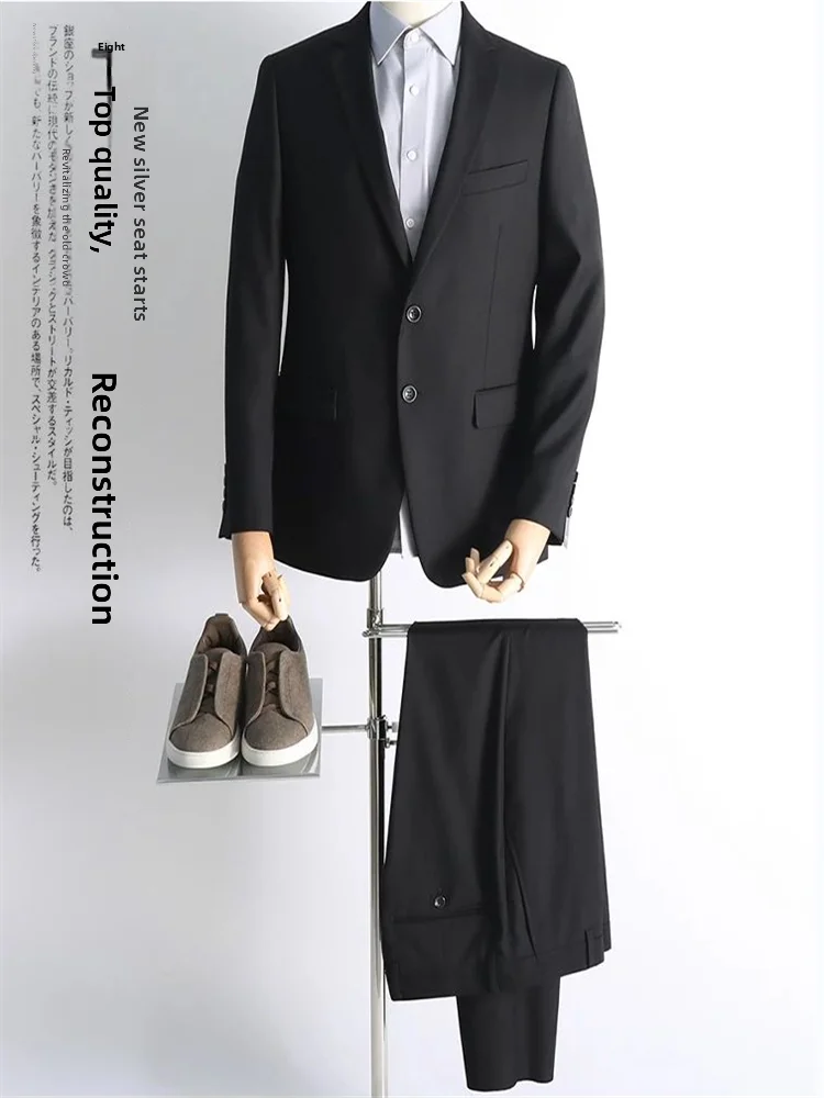 

Super 20's Wool Blend Men's Busin Suit Set Luxury Italian Sle 2 Button Single Row Youth Stand Fit Casual Ba Split