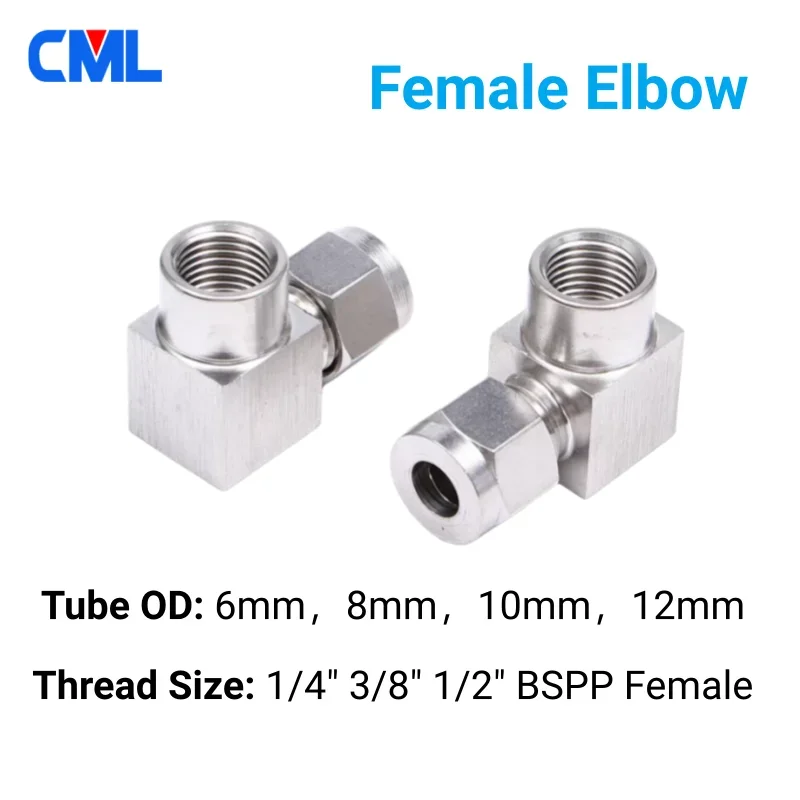 304 Stainless Steel Female Elbow Double Ferrules Tube Fittings Connector 6mm 8mm 10mm 12mm Tube OD to 1/4