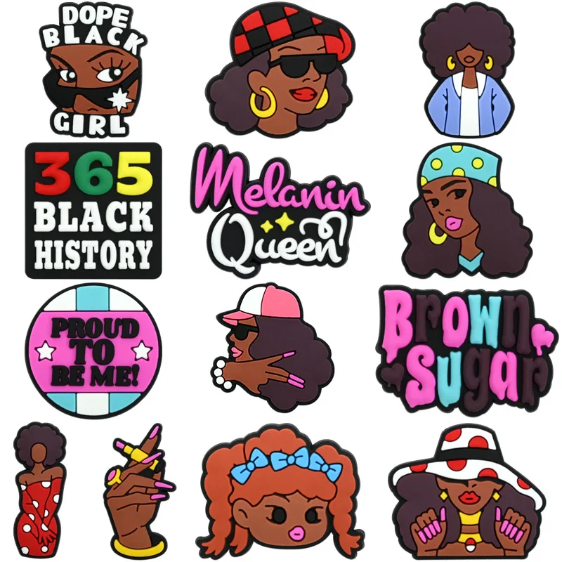 1/13Pcs Multistyle Melanin Queen Black Pride Women Girls Fashion PVC Shoe Charms For Slides Sandals Decor DIY Accessories Gift