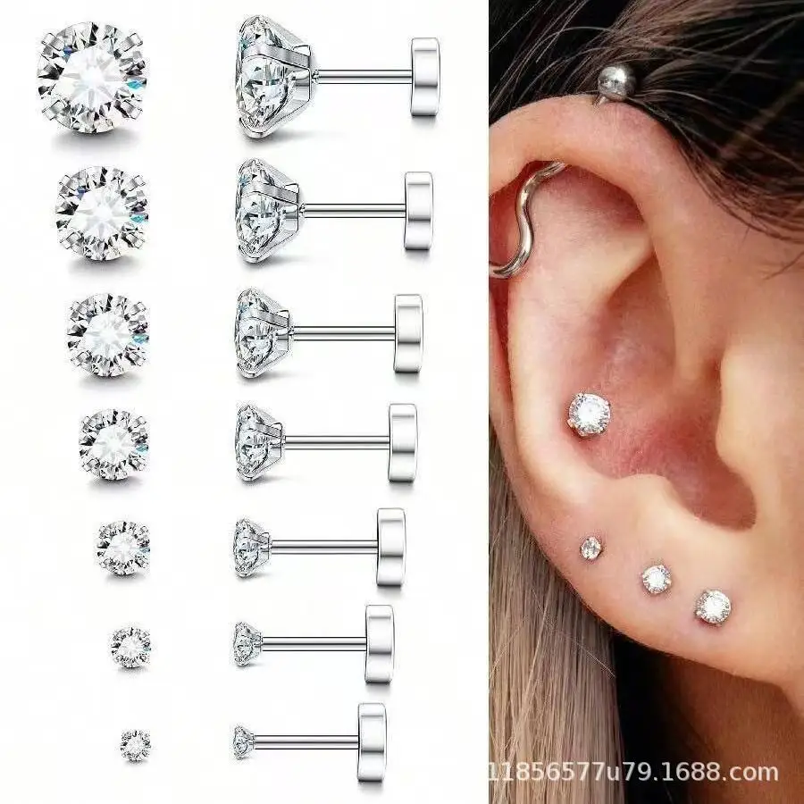 Stainless Steel Stud Earrings Classical New Zircon Design Screw-back White Color Round For Men Women For Choose 3/4/5mm