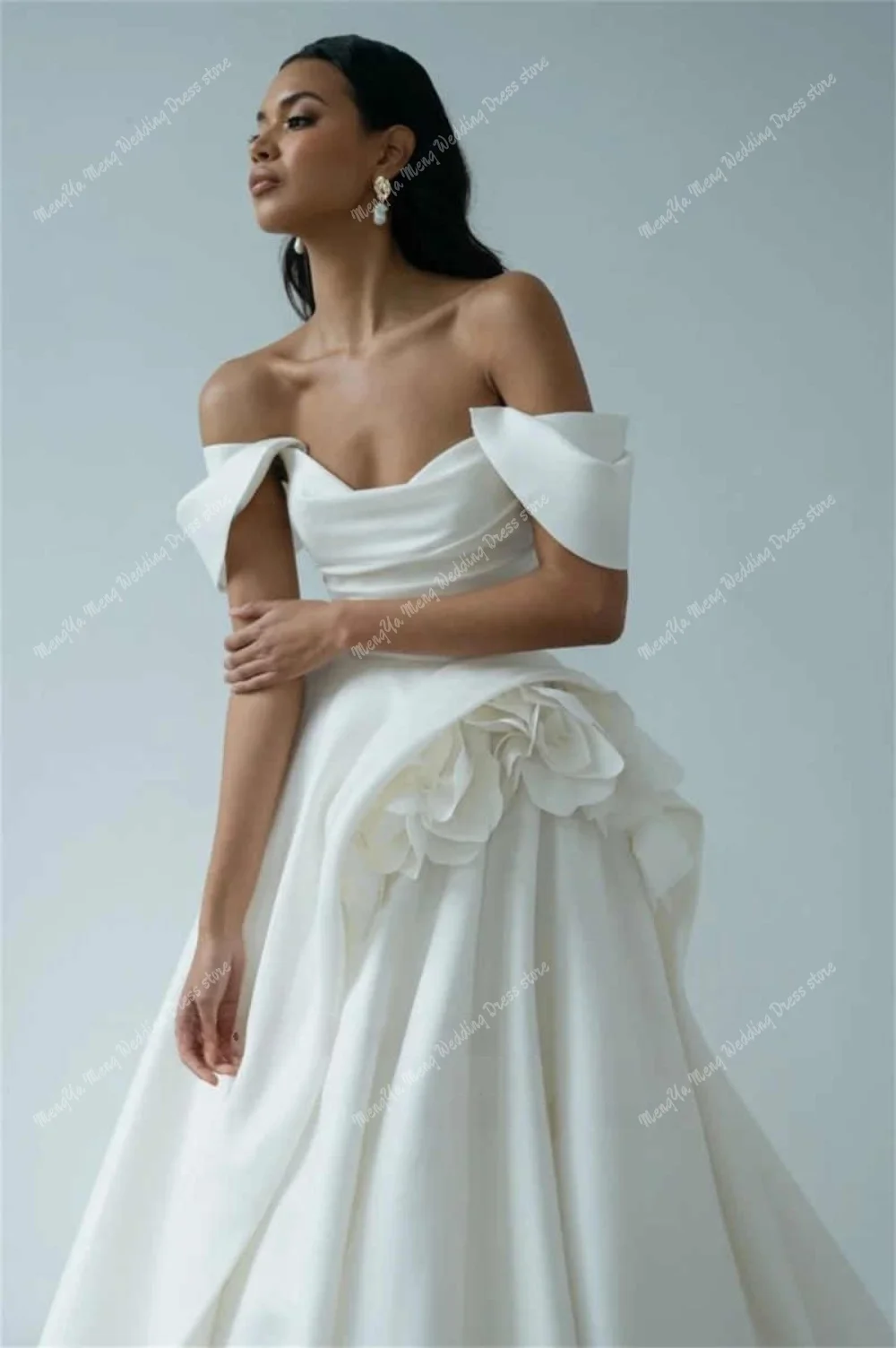 ZHUISHU Elegant White Off The Shoulder A-Line Wedding Dress Sweetheart Pleat Handmade flowers Court Train Bridal Gown Customized