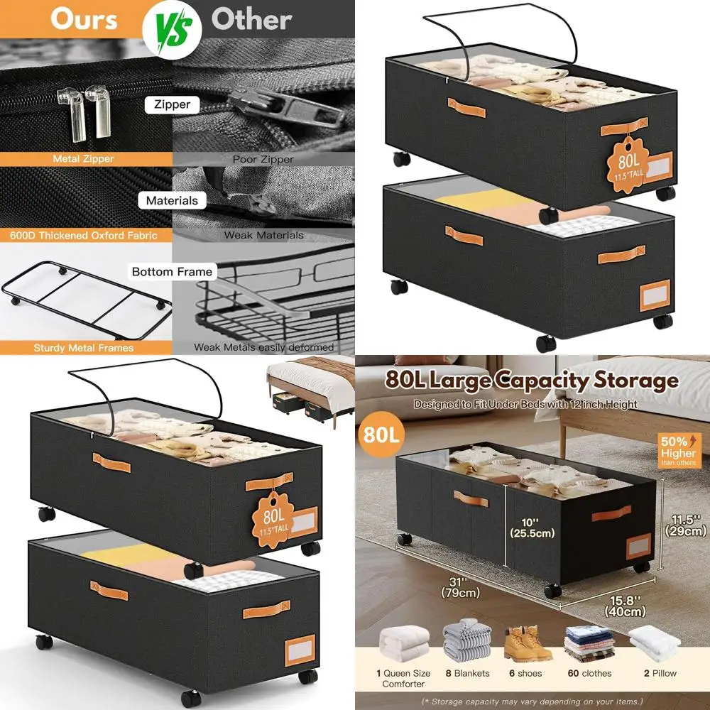 

Очень большой контейнер для хранения под кроватью на колесиках, 80 л, с прозрачной крышкой, для одежды, обуви и игрушек
