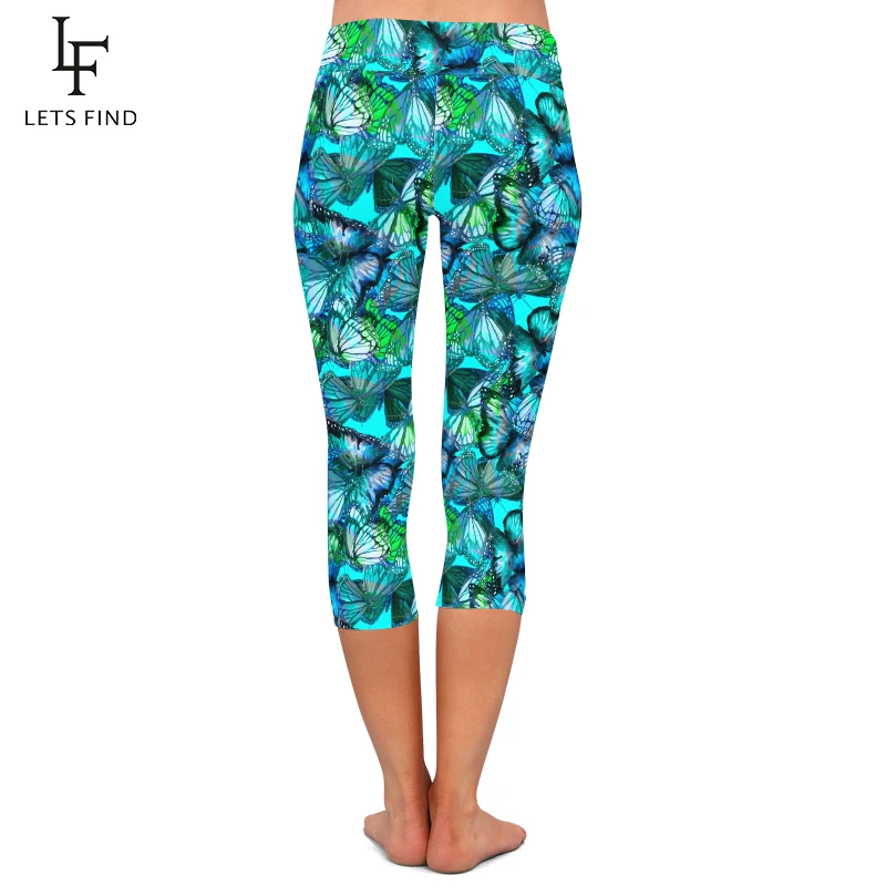 LETSFIND 2020 New High Quaility Women Capri Leggings Blue Butterflies Print High Waist  Fitness Soft Mid-Calf Leggings