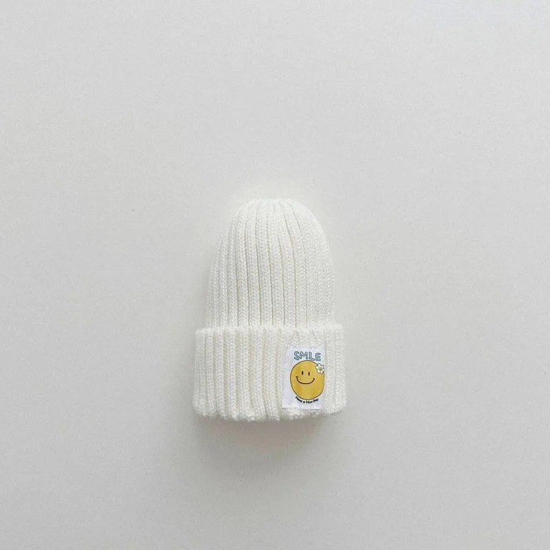 Candy Color Knitted Hats Girls Smiling Face Patch Stretch Woolen Hat Spring& Autumn Cotton Boys Baby New Boutique Cute Hats