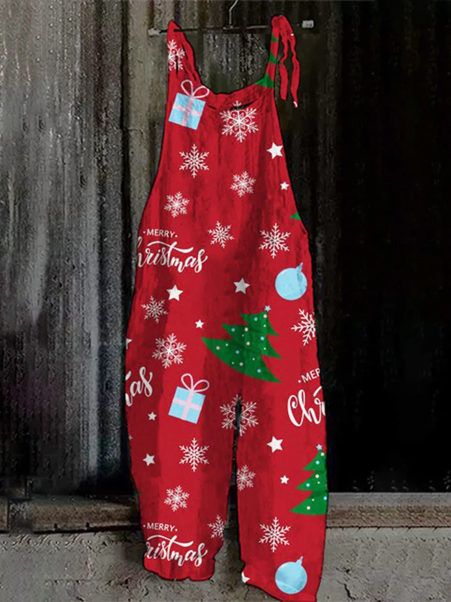 Macacão solto e confortável para mulher, calças com alças, moda boêmia, Papai Noel, impressão 3D de árvore de Natal, verão