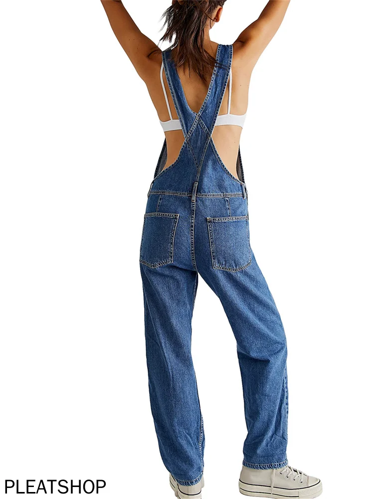 Jumpsuit panjang Denim wanita Fashion celana baju monyet kaki lebar tali Spaghetti kasual Overall Bib longgar musim panas