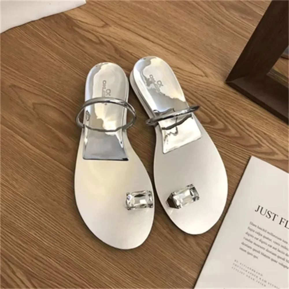 Water Diamond Slippers Women Summer Outwear 2025 Summer New Silver Slotted Toe Slippers Women's Shoes