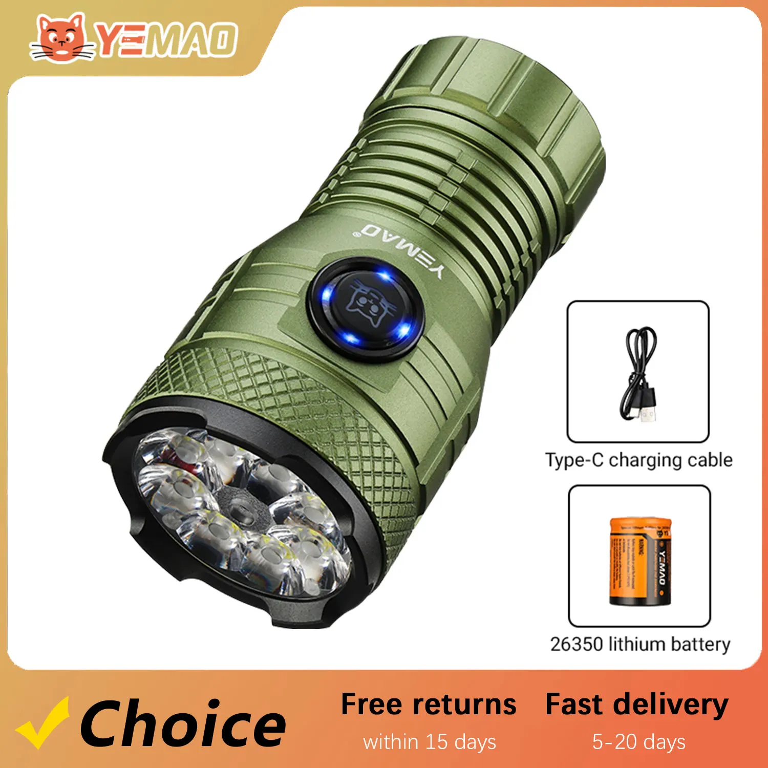 

YEMAO F81X 2000LM 8-LED Flashlight - Rechargeable Aluminum Alloy Torch with Magnetic Tail for Camping & Emergency