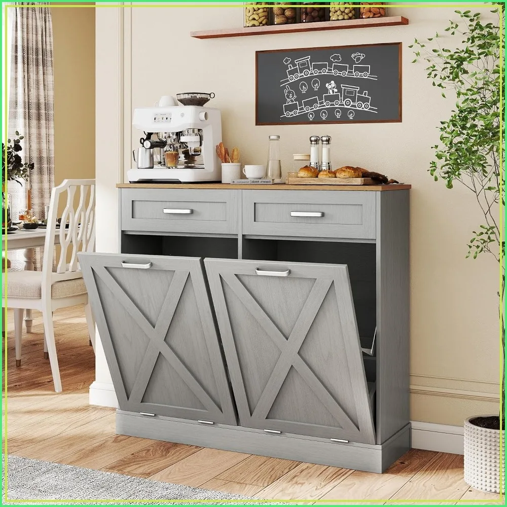 Double Tilt Out Trash Cabinet 2x10 Gal Hidden Garbage Recycling with Drawers Kitchen Grey