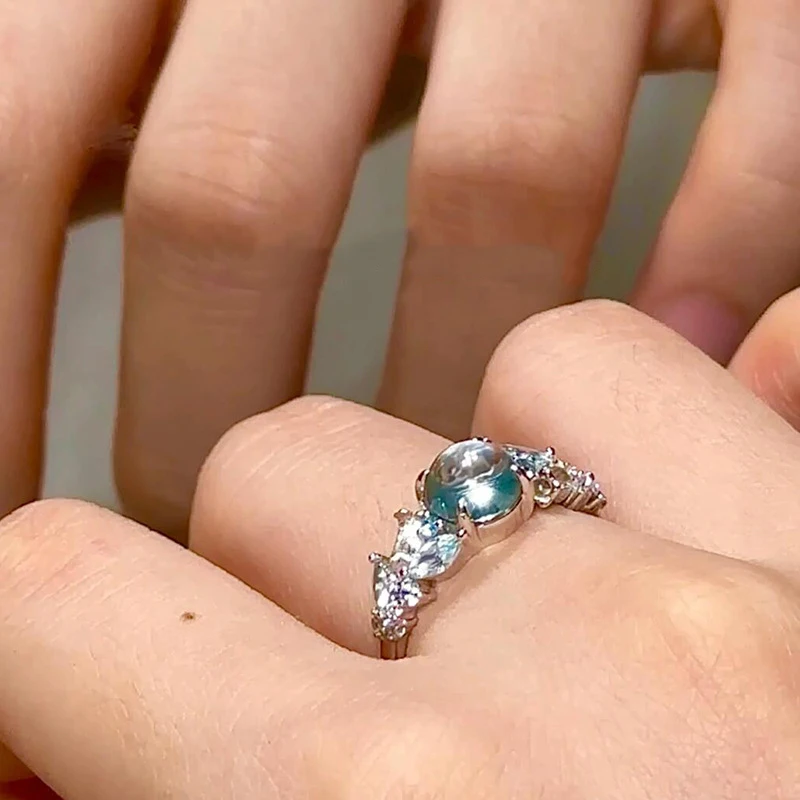 Fresh sea blue crystal rings for women palace style Ice transparent glass texture high-end ring adjustable party jewelry gift - view 4