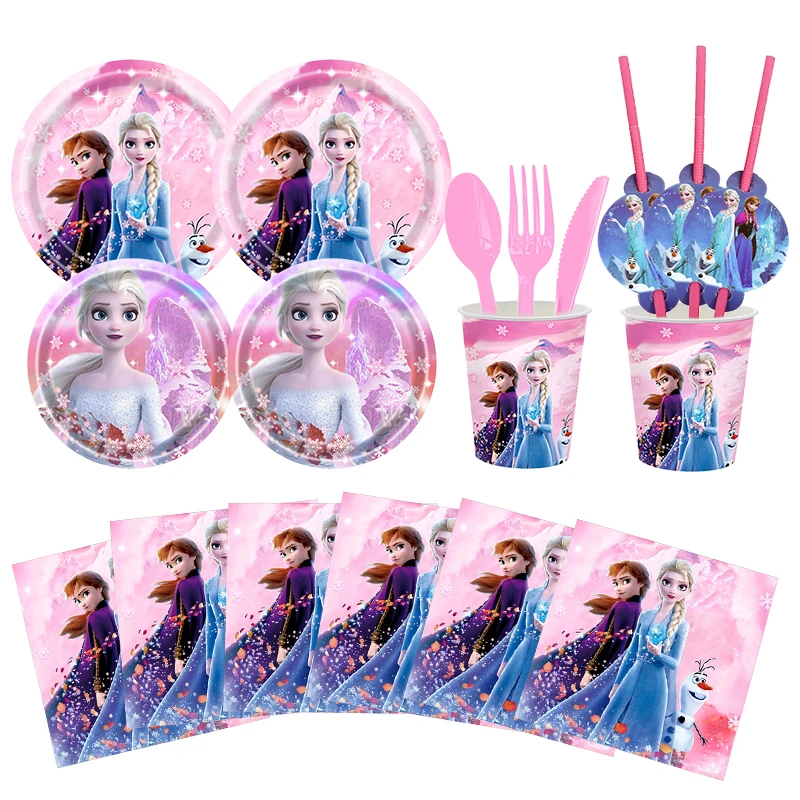 Elsa Frozen Dekoracja urodzinowa Frozen Motyw Child Party Decor Supplies Zestaw zastawy stołowej Talerze Kubek Obrus Tło Torebka na cukierki