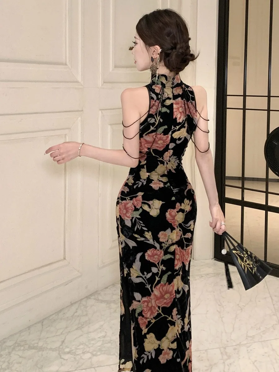 المرأة الصينية الأزهار شبكة طويلة شيونغسام الوقوف شير شرابة Bodycon الجانب الشق فستان ماكسي للإناث حفلة موسيقية المضيف فساتين أنيقة