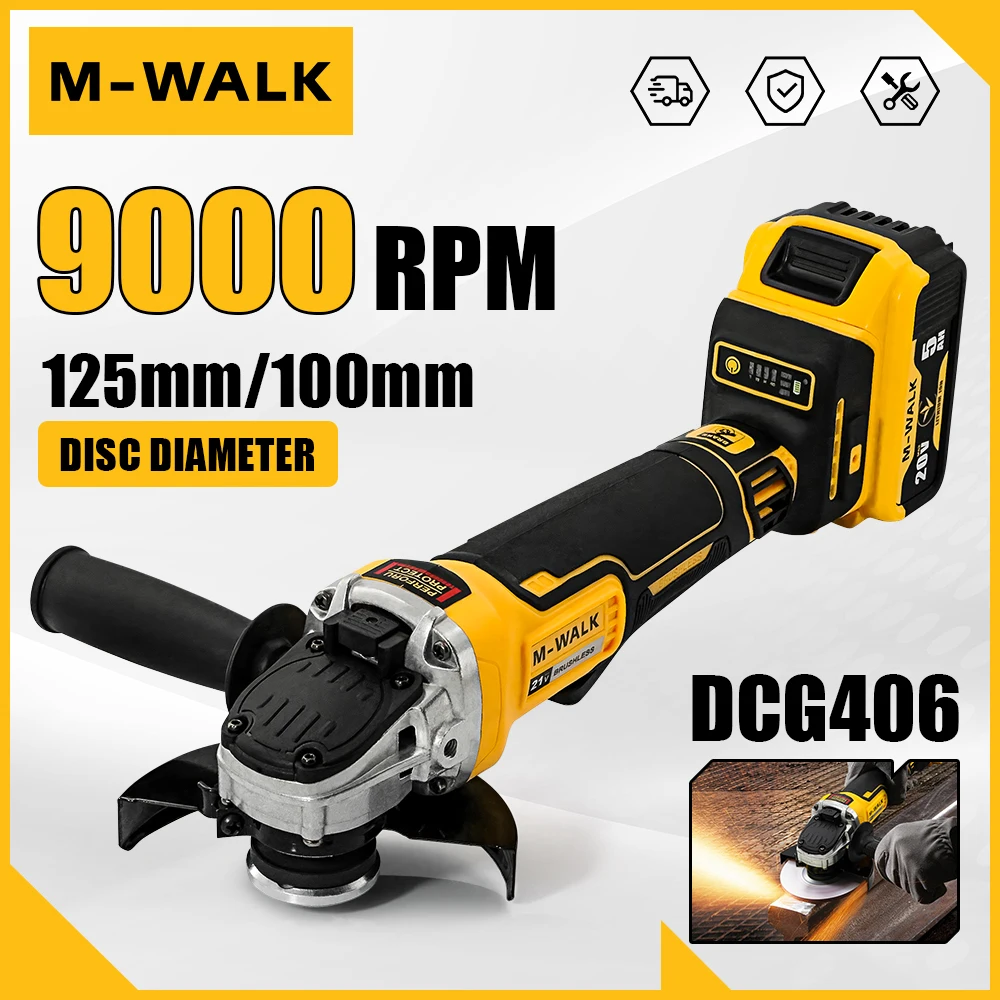 M-WALK 125mm Brushless Cordless Electric Angle Grinder 4 Gears 9000RPM Grinding Polisher Cutter Tool For Dewalt 18/20V Battery
