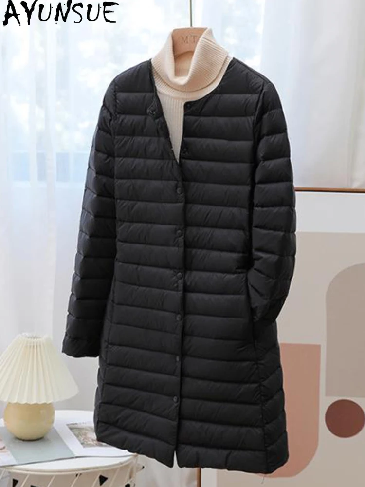 Imagem -03 - Ayunsue-cabolsa Fino e Ultra Leve para Baixo Pato Feminino Cabolsa Longo e Quente Cabolsa Puffer Básico Branco Outono e Inverno