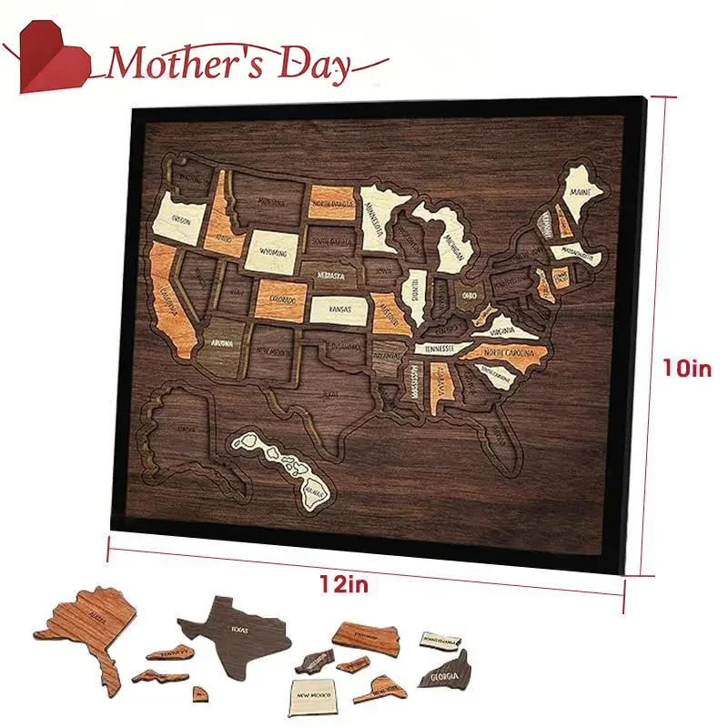Puzzle de carte des États-Unis en bois - Suivi des voyages pour la décoration intérieure, l'apprentissage de la géographie et un cadeau émouvant (Fête des Mères, Anniversaire)