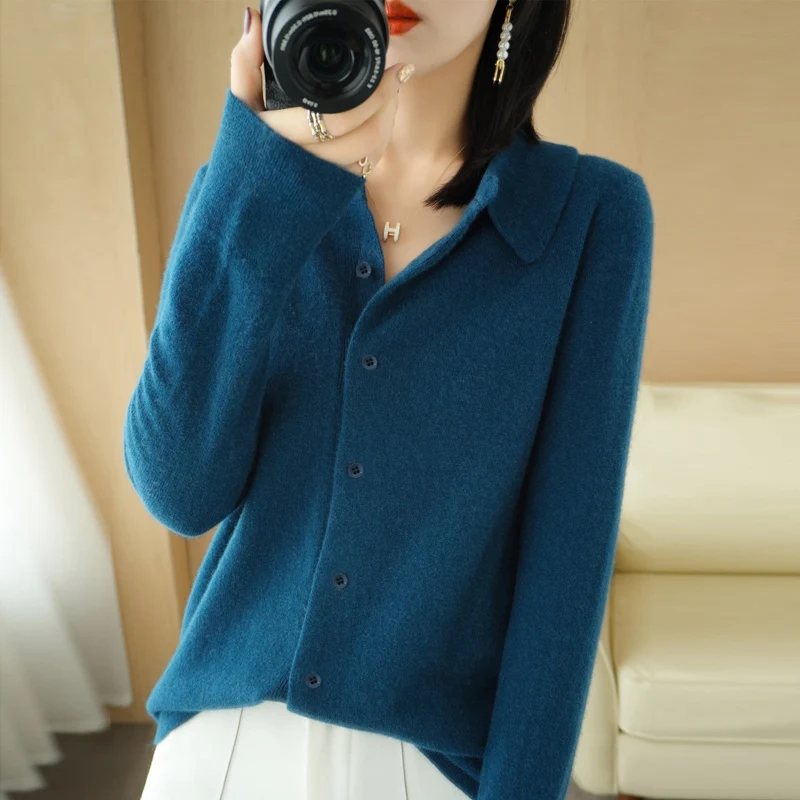 Spring/Autumn cashmere sweater women\'s cardigan sweater coat shirt collar cashmere cardigan