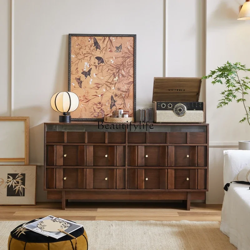 

Nordic solid wood six-chest cabinet walnut Japanese-style living room master bedroom bed head and tail storage